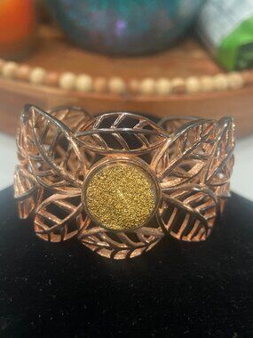 Rose Gold Tone Openwork Leaf Cuff Bracelet Gold Glitter Statement Wide Floral